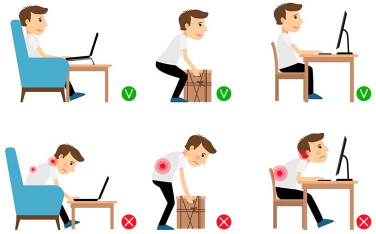 Man sitting working and lifting heavy things correct and incorrect postures